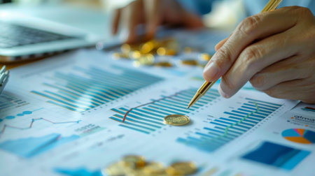 A person studying a printed gold price graph and financial reports on a desk, preparing for an investment presentation.の素材
