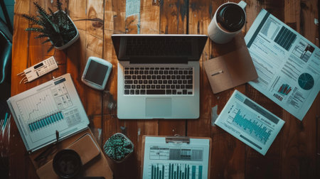 An overhead shot of a workspace with a laptop, financial reports, and printed graphs, showing a detailed financial analysis process.の素材