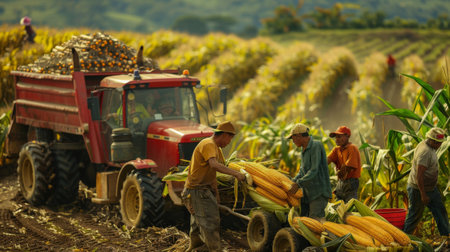 A group of farm workers harvesting corn cobs and loading them onto a tractor trailer for transport.の素材