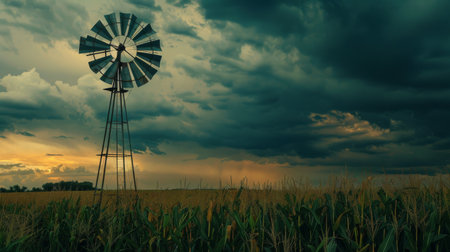 A scenic view of a windmill and a cornfield under a cloudy sky, illustrating sustainable agriculture and renewable energy.の素材