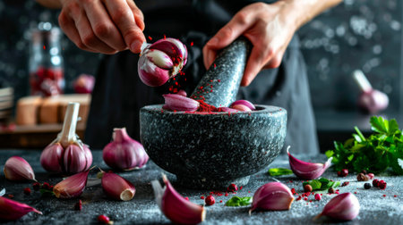 A person using a mortar and pestle to crush red garlic cloves for homemade garlic paste, demonstrating culinary craftsmanship.の素材