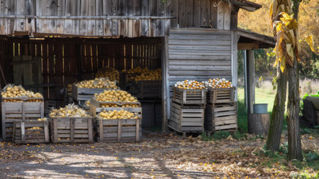 A rustic farm shed with crates of freshly harvested corn cobs, ready for distribution to markets or processing plants.の素材