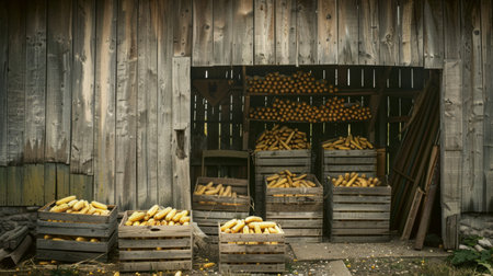 A rustic farm shed with crates of freshly harvested corn cobs, ready for distribution to markets or processing plants.の素材