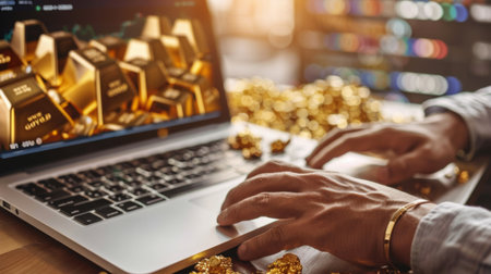 An investor checking gold prices and market trends on a laptop, with a focus on making informed trading decisions.の素材
