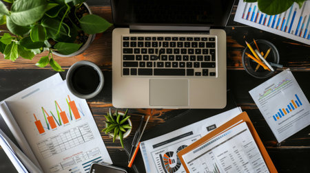 An overhead shot of a workspace with a laptop, financial reports, and printed graphs, showing a detailed financial analysis process.の素材