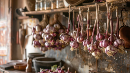 A rustic kitchen scene with bundles of red garlic hanging to dry, emphasizing traditional food preservation methods.の素材