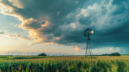 A scenic view of a windmill and a cornfield under a cloudy sky, illustrating sustainable agriculture and renewable energy.の素材