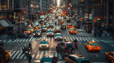 A busy city intersection filled with cars, motorcycles, and pedestrians during rush hour, showcasing the hustle and bustle of urban trafficの素材