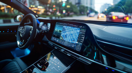 A car dashboard with integrated wireless features, such as GPS navigation, hands-free calling, and media streaming.の素材