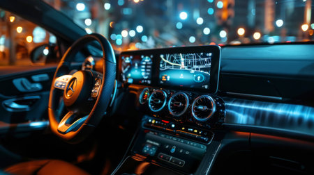 A car dashboard with integrated wireless features, such as GPS navigation, hands-free calling, and media streaming.の素材