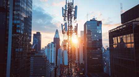 A cellphone tower in an urban setting, surrounded by skyscrapers and busy streets, illustrating the integration of technology in the city.の素材