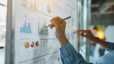A close-up of hands drawing a graph on a whiteboard, showing the planning and strategy process in action.の素材