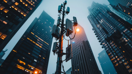A cellphone tower in an urban setting, surrounded by skyscrapers and busy streets, illustrating the integration of technology in the city.の素材