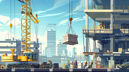 A crane lifting heavy materials at a busy construction site, with workers coordinating the operation below.の素材