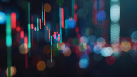 A detailed view of a stock market chart with candlestick patterns, volume bars, and moving averages, used for technical analysis.の素材