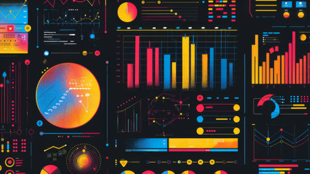 A colorful infographic with various charts and graphs, used for visually representing complex information in a simple way.の素材