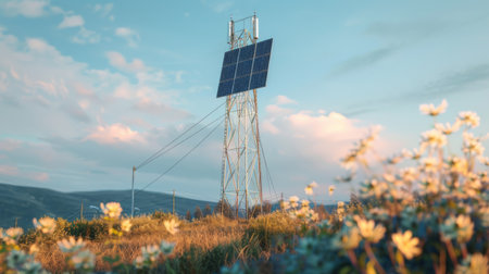 A cellphone tower with solar panels installed at its base, demonstrating the use of renewable energy in telecommunications.の素材