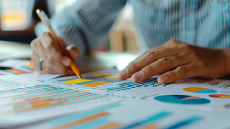 A close-up of hands working on a financial report with printed graphs and charts, highlighting detailed analysis and planning.の素材