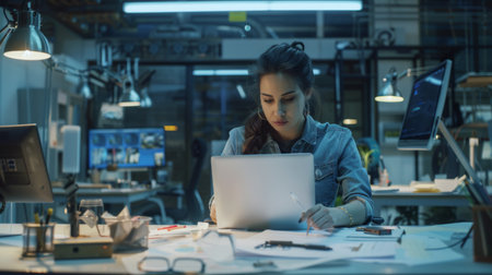 A female engineer working on a laptop in a modern office, with technical drawings and engineering tools around her, highlighting innovation and technologyaの素材