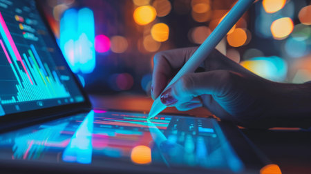 A person using a digital pen to annotate a graph on a tablet, emphasizing the interactive nature of modern data analysis tools.の素材