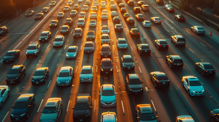 A traffic jam on a major road, with rows of cars bumper to bumper, highlighting the challenges of congestionの素材