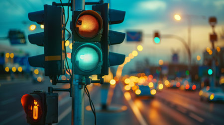 A smart traffic light system with sensors and cameras, showcasing advanced technology managing urban traffic.の素材