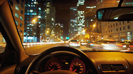 A view from inside a car driving through a city, focusing on the dashboard and windshield, showing the perspective.の素材