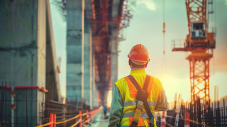 Engineers working on a large-scale infrastructure project, such as a bridge or highway, showcasing the scale and impact of their work.の素材