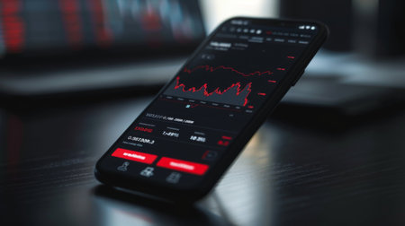 A trading app on a smartphone displaying a watchlist of favorite stocks, with indicators of market performance and news alerts.の素材