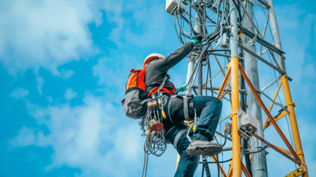 An engineer in safety gear climbing down a cellphone tower after completing maintenance work, demonstrating safety practices.の素材