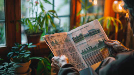 A person reading the financial section of a newspaper, focusing on the stock market updates and company performances.の素材