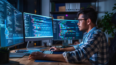 A software engineer coding on multiple monitors in a high-tech workspace, immersed in developing new applications.の素材