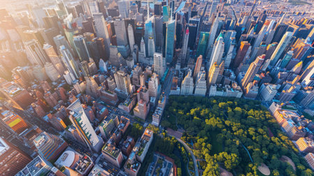 Aerial view of a vibrant cityscape with iconic landmarks, busy streets, and green parks, capturing the essence of urban exploration.の素材