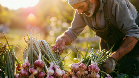 A farmer harvesting bundles of red garlic in a sunlit garden, showcasing organic farming and sustainable agriculture.の素材