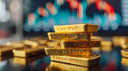 A stack of gold bars with a price chart in the background, symbolizing wealth, investment, and financial stability.の素材
