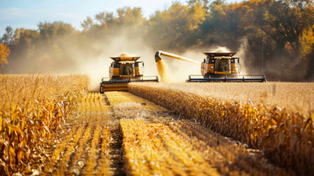A field of ripe corn with combine harvesters working to collect corn kernels during the harvest season.の素材