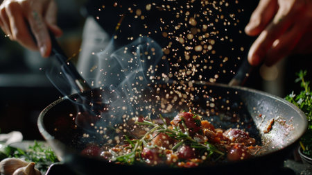 A chef tossing red garlic cloves in a sizzling pan with herbs and olive oil, creating a flavorful aroma in the kitchen.の素材