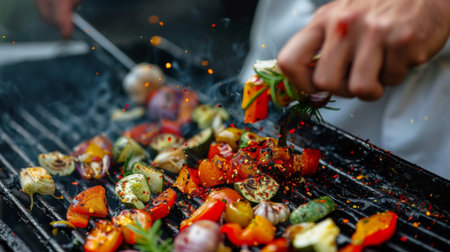 A chef seasoning grilled vegetables with crushed red garlic and olive oil, enhancing flavors for a healthy and delicious meal.の素材