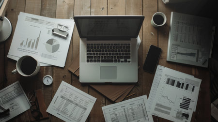 An overhead shot of a workspace with a laptop, financial reports, and printed graphs, showing a detailed financial analysis process.の素材