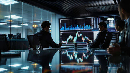 A business meeting with executives discussing stock performance, with a large screen showing real-time stock prices and trends.の素材