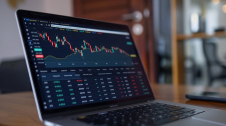 A close-up of a laptop displaying a financial dashboard with various graphs and charts showing real-time stock market data.の素材