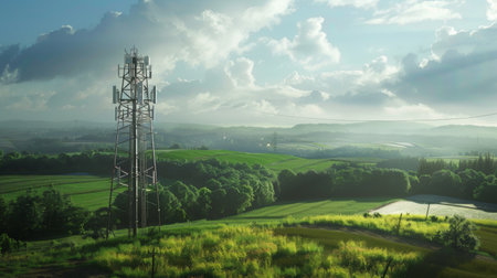 A cellphone tower standing tall in a rural area, blending into the natural landscape with fields and forests around it.の素材