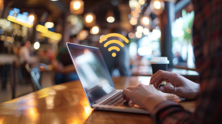 A person using a laptop in a coffee shop, connected to the internet via public Wi-Fi, illustrating the flexibility of wireless communication.の素材