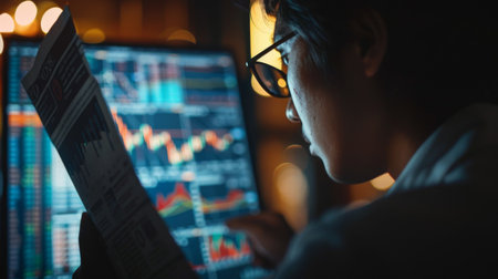 A person reading the financial section of a newspaper, focusing on the stock market updates and company performances.の素材
