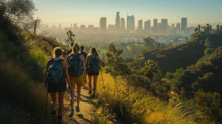 A group of friends hiking up a trail with a city skyline in the background, blending nature and urban exploration.の素材