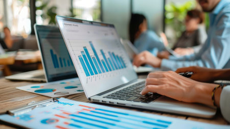 A financial consultant presenting a bar graph of quarterly earnings to a group of investors in a modern office.の素材