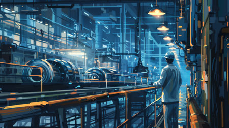 An engineer in a factory setting, overseeing the production line and ensuring quality control.の素材