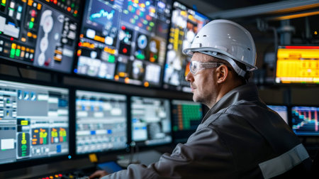 An engineer in a control room, monitoring various systems and ensuring everything is running smoothly and efficiently.の素材