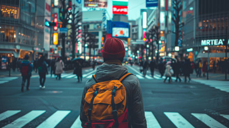 A traveler at a bustling city intersection, capturing the vibrant energy and diverse culture of an urban environment.の素材