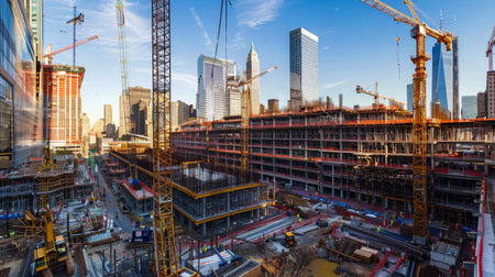 A panoramic view of a large construction site with multiple cranes and unfinished buildings, showing the scale of the project.の素材